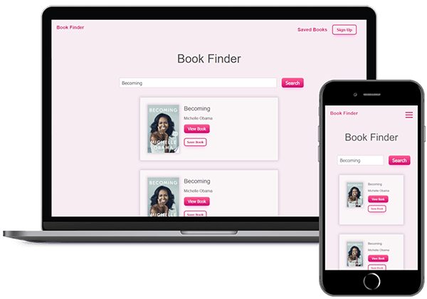 MacBook and iPhone mockup of Book Finder App, a website built to search and save books using the Google Books API.