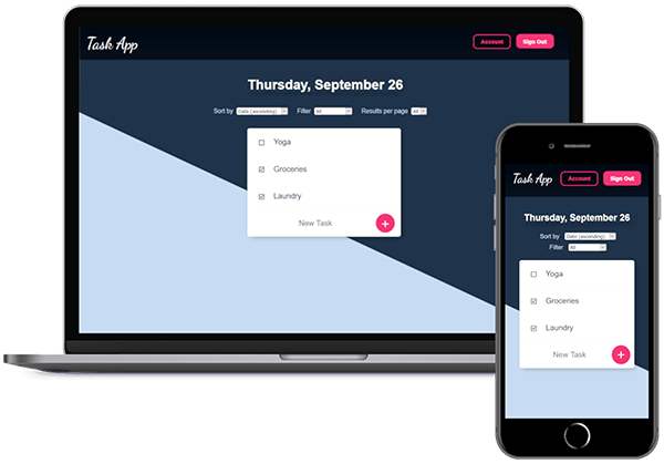MacBook and iPhone mockup of Task App, a simple to-do list app.